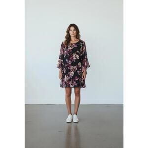 Connected Apparel Women's Long Sleeve Dress Size 12, Black Floral Print